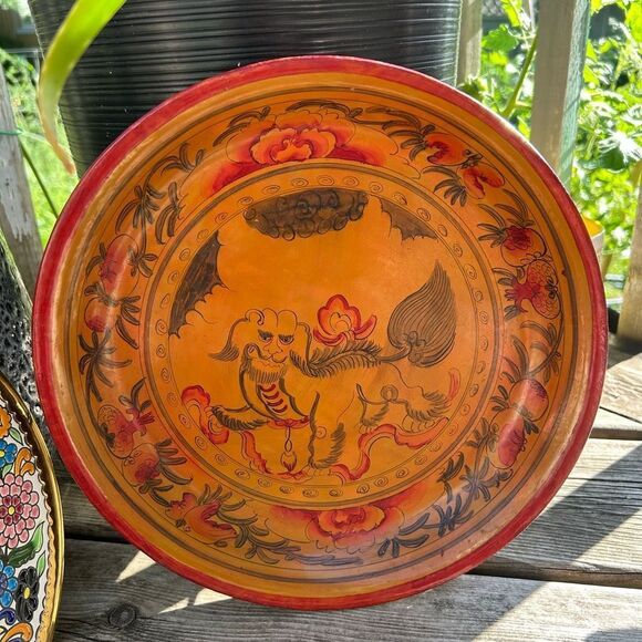 Set of 2 Wax Stamped Vintage Asian Hand Painted Floral Wooden Plates - Picture 9 of 16